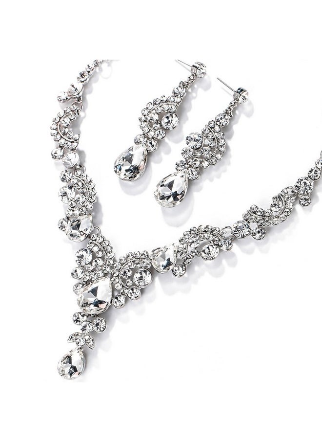 EVER FAITH Wedding Jewelry Sets For Brides Rhinestone Crystal Bridal Floral Wave Teardrop Necklace Earrings Set Clear Silver-Tone  - Image 5