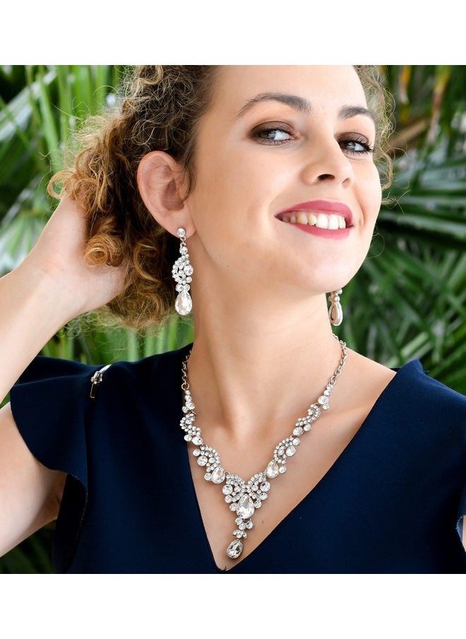 EVER FAITH Wedding Jewelry Sets For Brides Rhinestone Crystal Bridal Floral Wave Teardrop Necklace Earrings Set Clear Silver-Tone  - Image 3