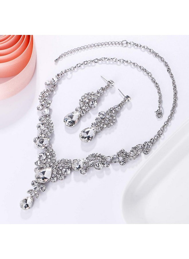 EVER FAITH Wedding Jewelry Sets For Brides Rhinestone Crystal Bridal Floral Wave Teardrop Necklace Earrings Set Clear Silver-Tone  - Image 4