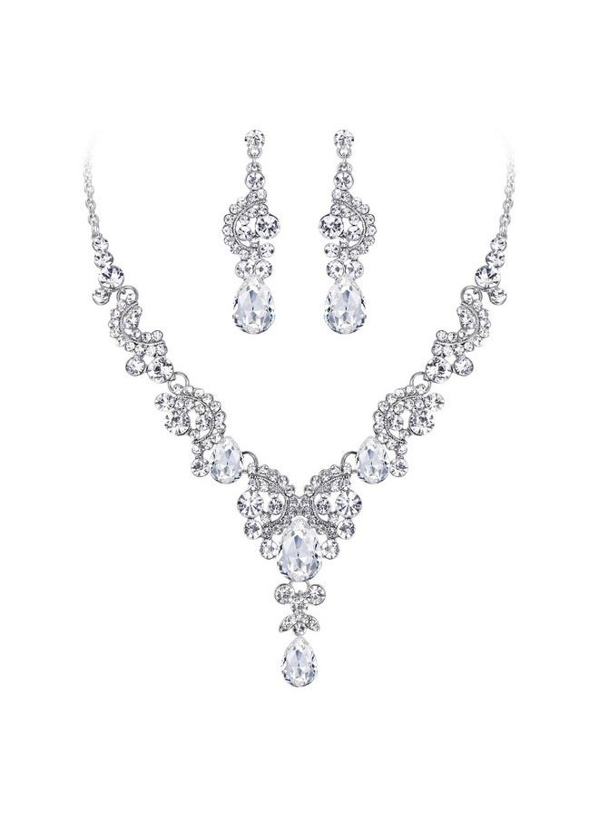 EVER FAITH Wedding Jewelry Sets For Brides Rhinestone Crystal Bridal Floral Wave Teardrop Necklace Earrings Set Clear Silver-Tone  - Image 1