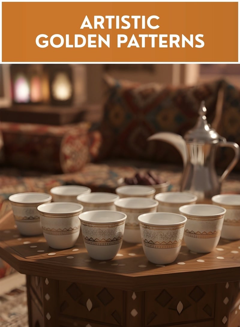 Arabic Qahwa Cups Set 12 PCS – Premium Porcelain Finjan Coffee Cups with Gold Design, Small Handleless Arabic Coffee Cups for Majlis, Home & Gift - Image 4