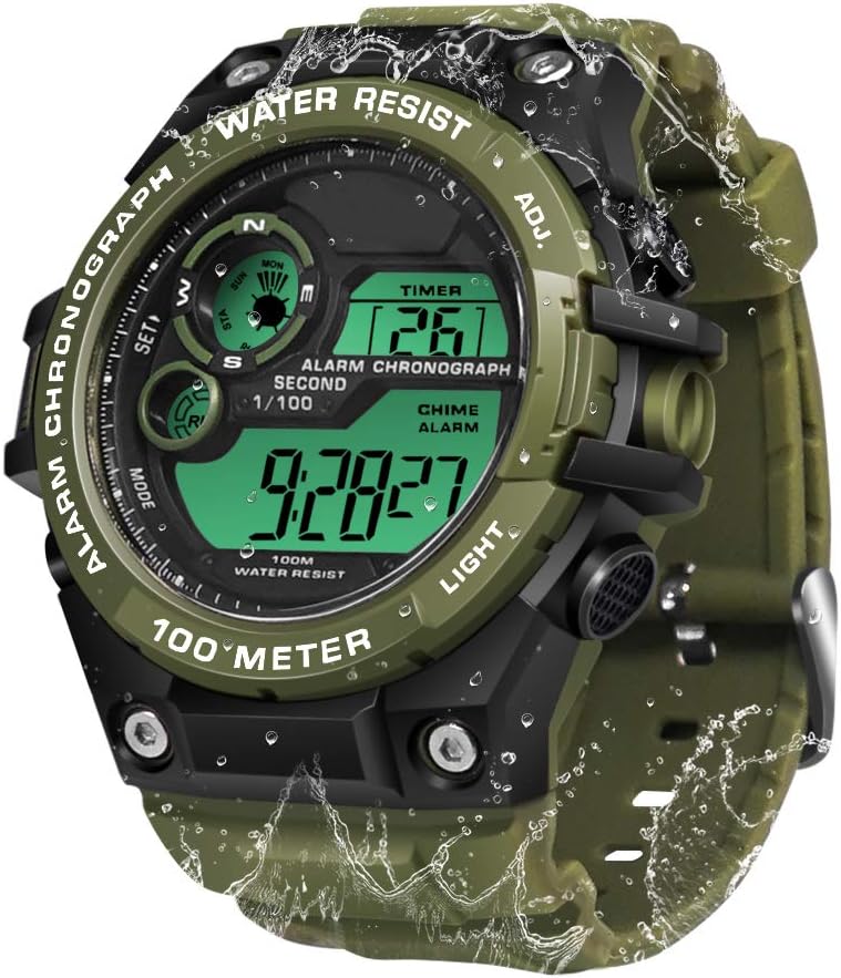 Protective coating Mens Digital Sports Watch 10 ATM Water Resistant for Swimming Diving 100m Underwater with Alarm Clock, Chronograph, Timer, Countdown, Dual Time Zone, 12 or 24 Hour Format Easy handling optimized design - Image 1