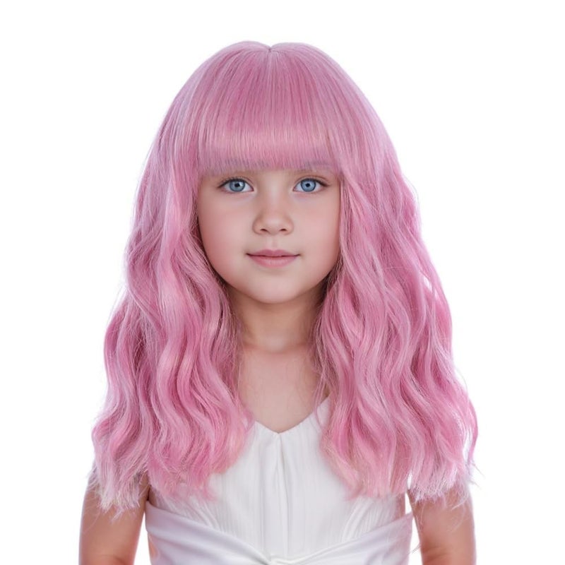 DUDUWIG Girls Light Pink Wig with Air Bangs Kids Short Pink Wavy Curly Wigs Child Synthetic Cosplay Hair - Image 2