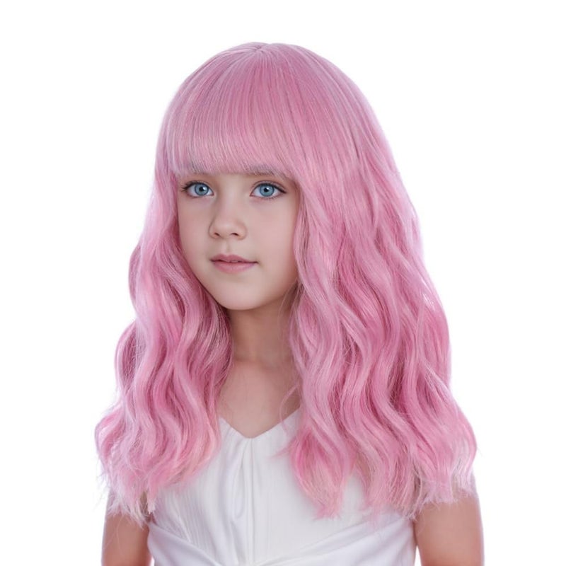DUDUWIG Girls Light Pink Wig with Air Bangs Kids Short Pink Wavy Curly Wigs Child Synthetic Cosplay Hair - Image 1