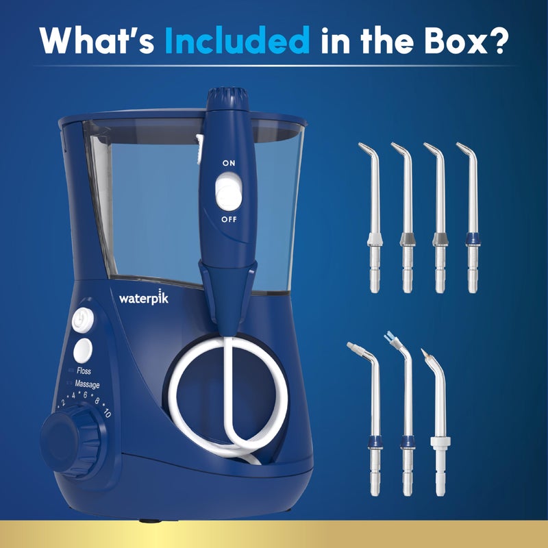 Waterpik جهاز تنظيف الأسنان بالماء ووتربك أكواريوس، لتنظيف الأسنان واللثة، والأقواس، والعناية بالأسنان، طاقة كهربائية مع 10 إعدادات، 7 نصائح لمستخدمين واحتياجات متعددة، معتمد من ADA، أزرق WP-663، قد يختلف التغليف. - Image 4