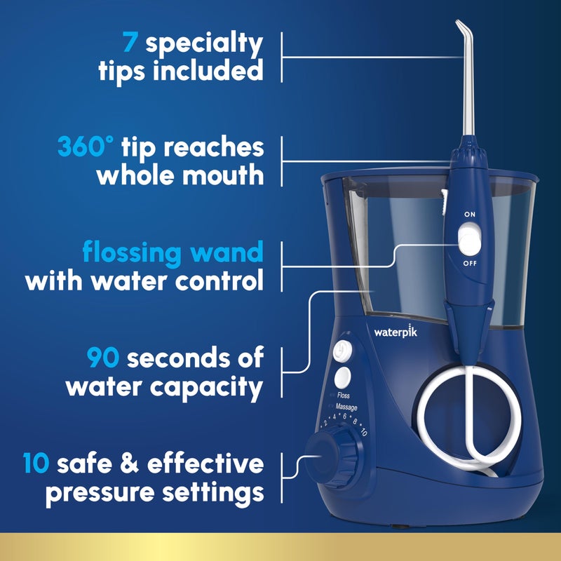 Waterpik جهاز تنظيف الأسنان بالماء ووتربك أكواريوس، لتنظيف الأسنان واللثة، والأقواس، والعناية بالأسنان، طاقة كهربائية مع 10 إعدادات، 7 نصائح لمستخدمين واحتياجات متعددة، معتمد من ADA، أزرق WP-663، قد يختلف التغليف. - Image 2