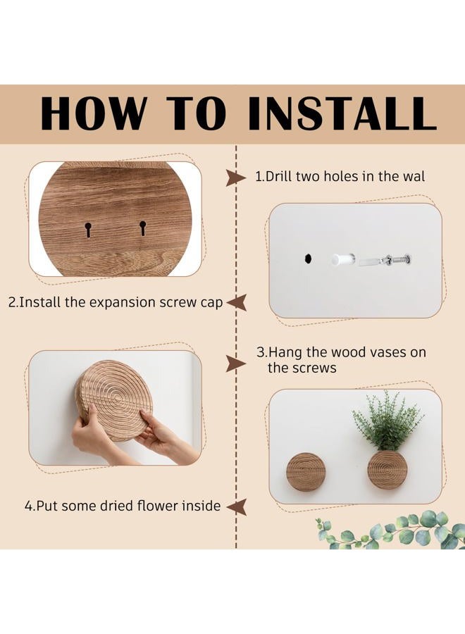 Teecyhooo 2 Pack Wooden Round Wall Vase for Indoor Plants Boho Modern Farmhouse Wall Decoration for Living Room, Bathroom Entryway, Hallway Artificial Flower Plants - Image 2