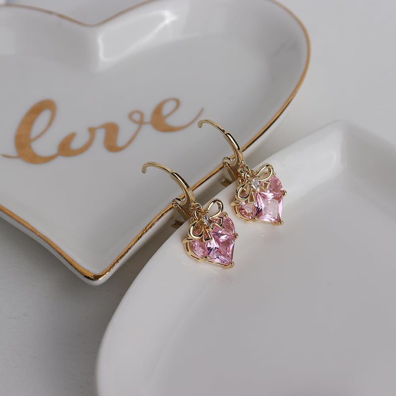 Sonateomber Small Pink Gold Bow Heart Dangle Drop Hoop Earrings Mothers Day Gift for Mom Women, Cute Ribbon Rhinestone Huggie Earing Wedding Prom Friends Fashion Jewelry - Image 5