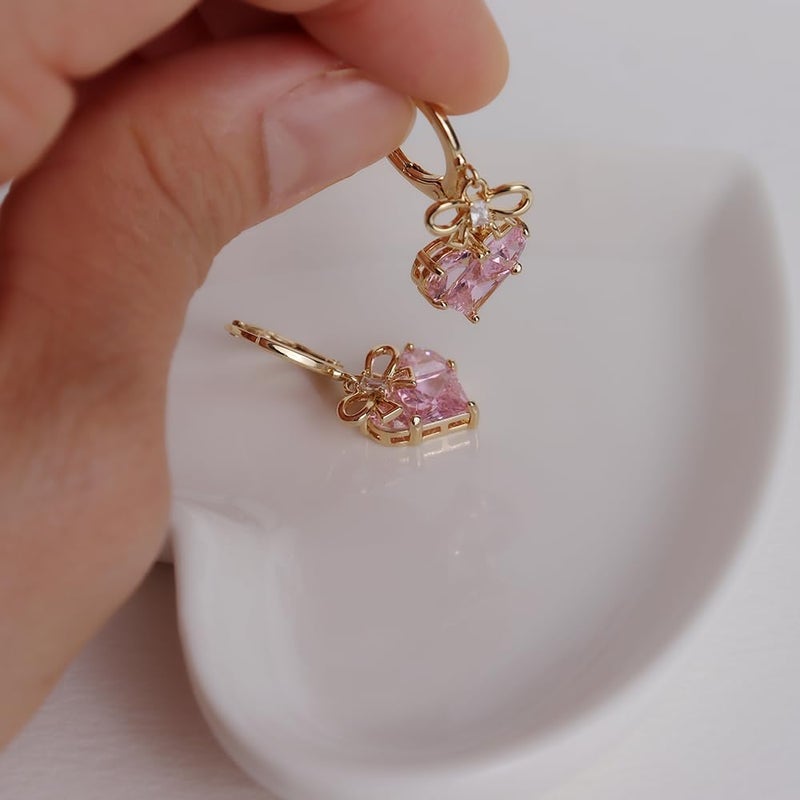 Sonateomber Small Pink Gold Bow Heart Dangle Drop Hoop Earrings Mothers Day Gift for Mom Women, Cute Ribbon Rhinestone Huggie Earing Wedding Prom Friends Fashion Jewelry - Image 3