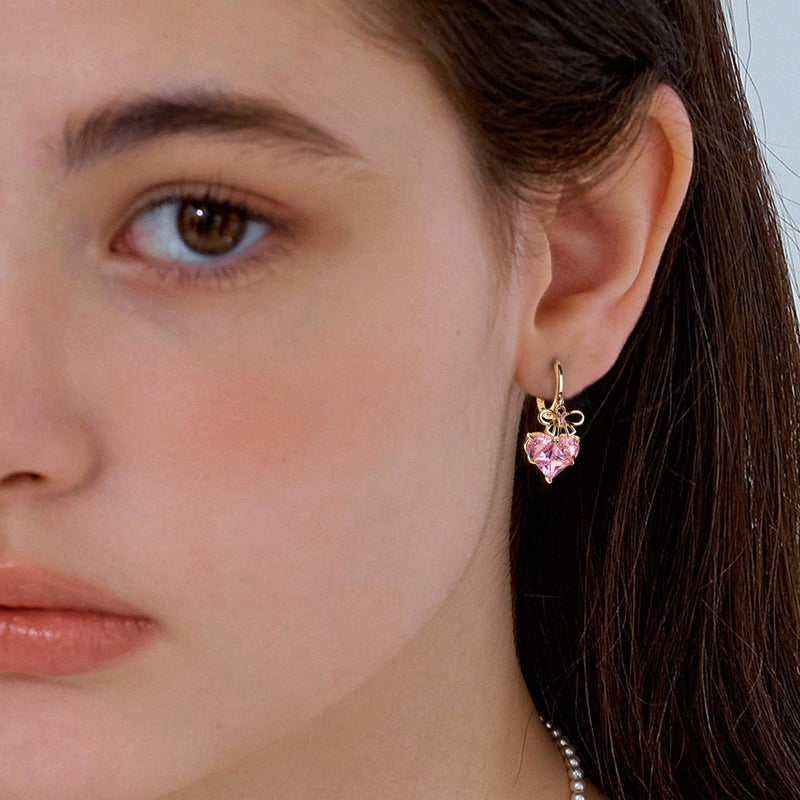 Sonateomber Small Pink Gold Bow Heart Dangle Drop Hoop Earrings Mothers Day Gift for Mom Women, Cute Ribbon Rhinestone Huggie Earing Wedding Prom Friends Fashion Jewelry - Image 2