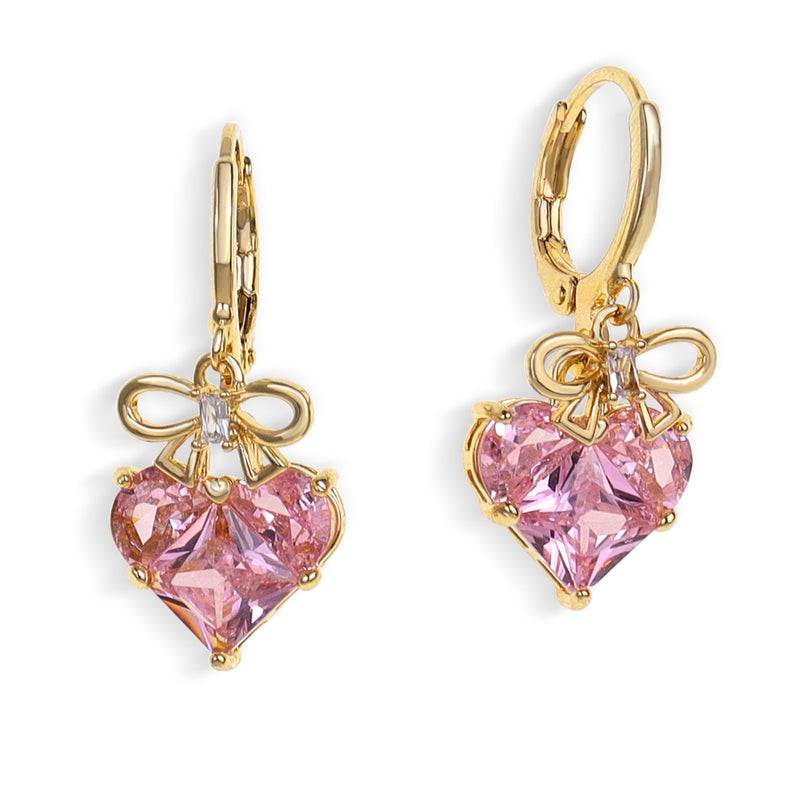 Sonateomber Small Pink Gold Bow Heart Dangle Drop Hoop Earrings Mothers Day Gift for Mom Women, Cute Ribbon Rhinestone Huggie Earing Wedding Prom Friends Fashion Jewelry - Image 1