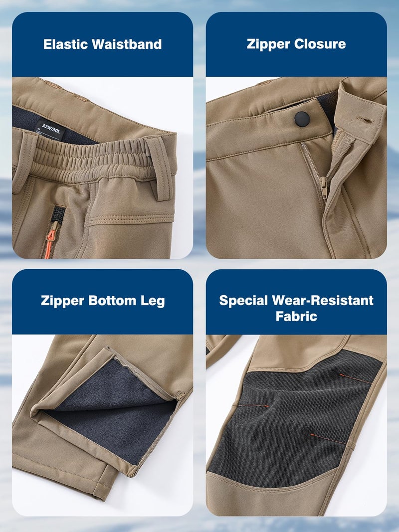 SPOSULEI Mens Ski Waterproof Insulated Pants Fleece Lined Softshell Snow Hiking Snowboard Outdoor Pants with Zipper Pockets khaki34Wx30L - Image 5
