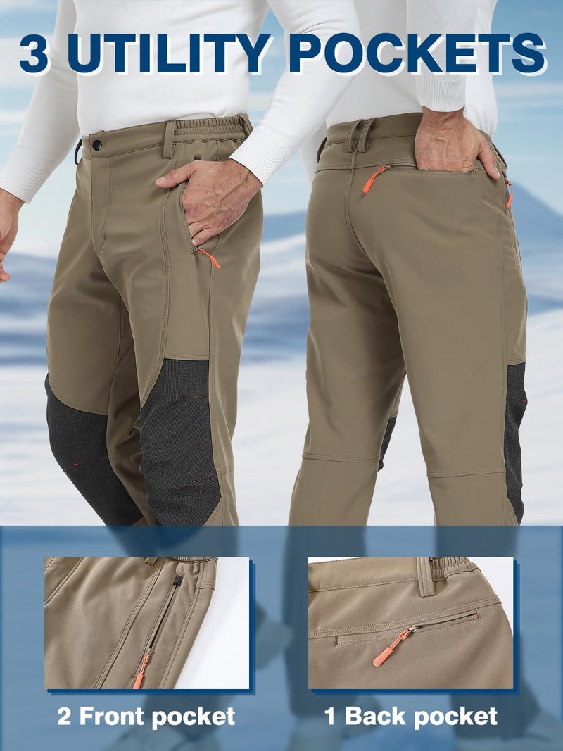 SPOSULEI Mens Ski Waterproof Insulated Pants Fleece Lined Softshell Snow Hiking Snowboard Outdoor Pants with Zipper Pockets khaki34Wx30L - Image 4