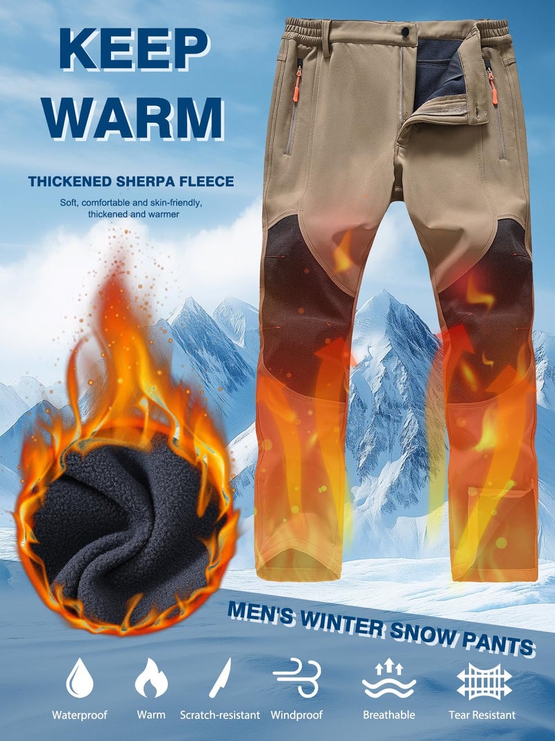 SPOSULEI Mens Ski Waterproof Insulated Pants Fleece Lined Softshell Snow Hiking Snowboard Outdoor Pants with Zipper Pockets khaki34Wx30L - Image 3