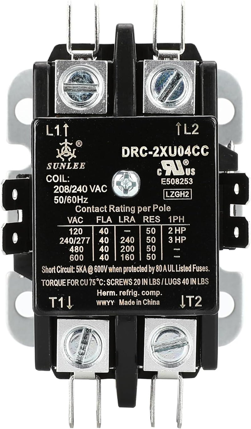 Sunlee 2 Pole 40 Amp 208/240Vac Coil UL Recognize and A2L Compliant Definite Purpose Contactor Heavy Duty HVAC Replacement for 30A & 40A AC Units, Condensers, Heat Pumps Equivalent to 45GG20AG C240C - Image 3