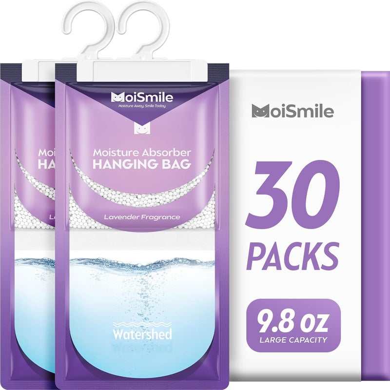 Moismile Moisture Absorbers 30 Pack Lavender Fragrance, Hanging Closet Dehumidifier Bags, Humidity Absorber, Compact Eliminates Odors Humidity Packs for Car, Bathroom, Bedroom, Basement, 9.8OZ - Image 1