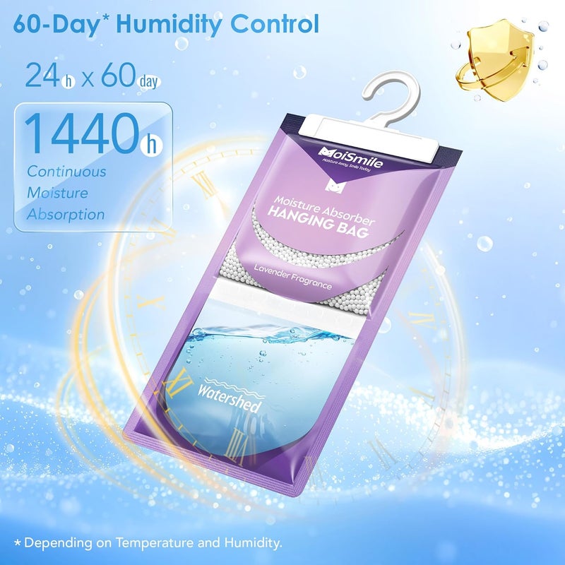 Moismile Moisture Absorbers 30 Pack Lavender Fragrance, Hanging Closet Dehumidifier Bags, Humidity Absorber, Compact Eliminates Odors Humidity Packs for Car, Bathroom, Bedroom, Basement, 9.8OZ - Image 5