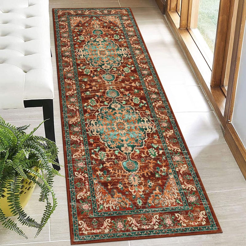 U'Artlines 2' x 6' Boho Hallway Runner Rug, Non Slip Washable Vintage Farmhouse Accent Area Rug Carpet for Kitchen Entryway Laundry and Living Room (Rustï¼†Teal) - Image 1