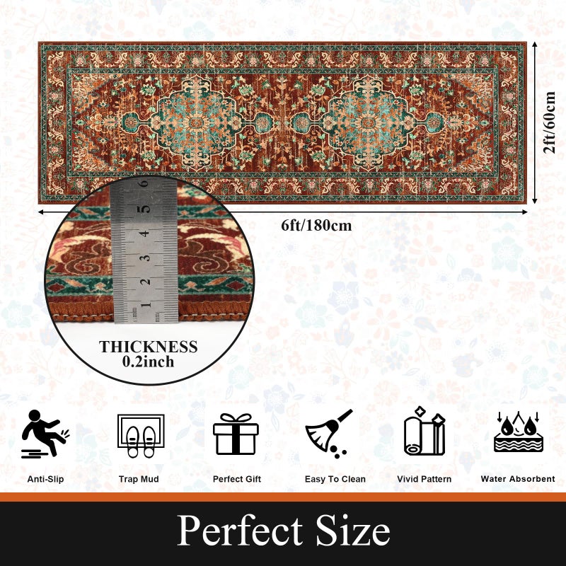 U'Artlines 2' x 6' Boho Hallway Runner Rug, Non Slip Washable Vintage Farmhouse Accent Area Rug Carpet for Kitchen Entryway Laundry and Living Room (Rustï¼†Teal) - Image 2