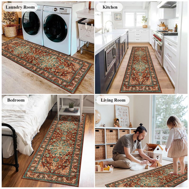 U'Artlines 2' x 6' Boho Hallway Runner Rug, Non Slip Washable Vintage Farmhouse Accent Area Rug Carpet for Kitchen Entryway Laundry and Living Room (Rustï¼†Teal) - Image 4