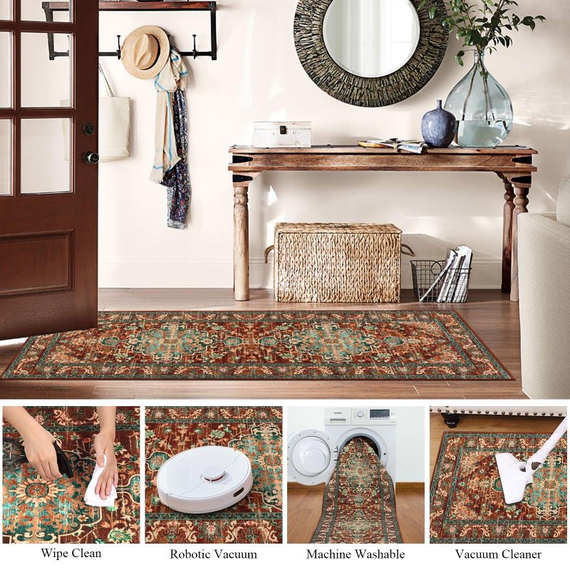 U'Artlines 2' x 6' Boho Hallway Runner Rug, Non Slip Washable Vintage Farmhouse Accent Area Rug Carpet for Kitchen Entryway Laundry and Living Room (Rustï¼†Teal) - Image 5