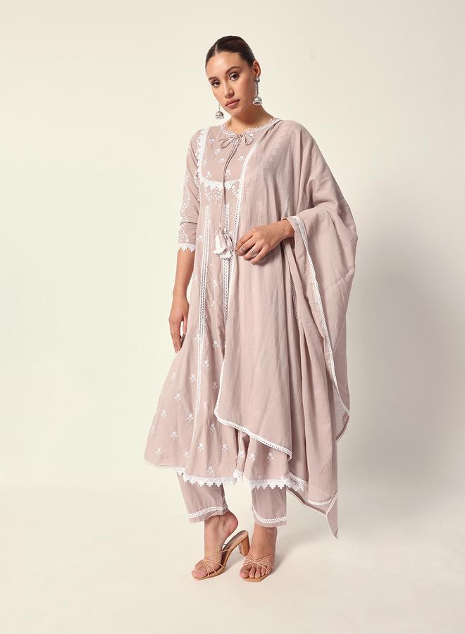 ISHIN Women's Beige Cotton Textured Tunic Full Palazzo Regular Fit Kurta Set - Image 3