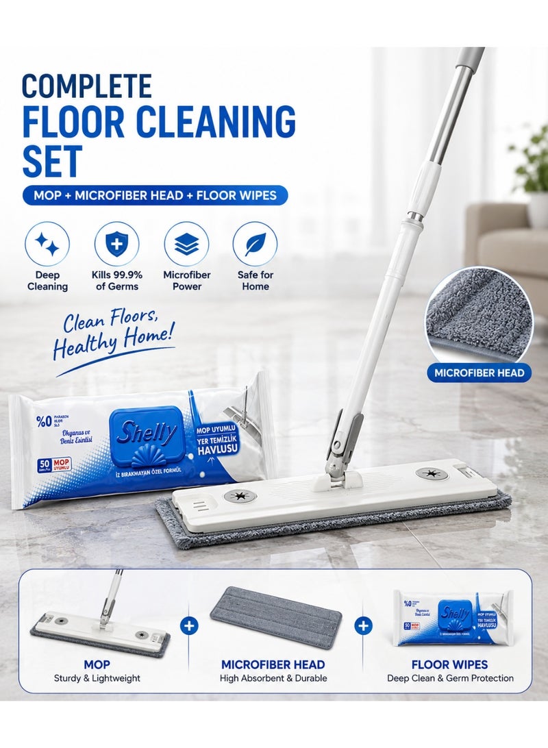 Shelly Complete Floor Cleaning Set – Flat Mop with Microfiber Pad & Floor Cleaning Shelly Wipes (50 Wipes) | Reusable & Disposable Cleaning Solution - Image 1
