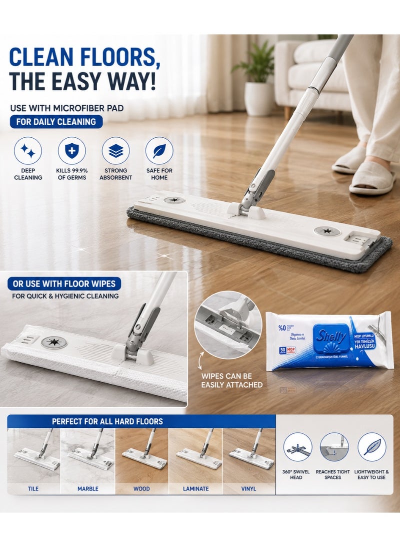 Shelly Complete Floor Cleaning Set – Flat Mop with Microfiber Pad & Floor Cleaning Shelly Wipes (50 Wipes) | Reusable & Disposable Cleaning Solution - Image 2