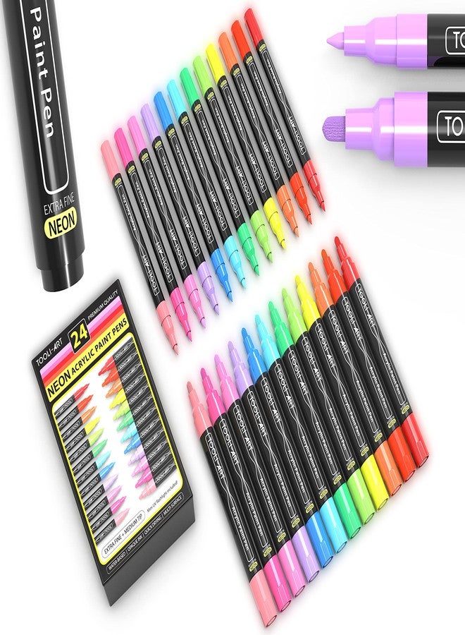 TOOLI-ART Acrylic Paint Markers Paint Pens Special Colors Set Extra Fine And Medium Tip Combo For Rock Painting, Canvas, Fabric, Glass, Mugs, Wood, Ceramics, Plastic, Multi-Surface. Non Toxic, (NEON) - Image 1