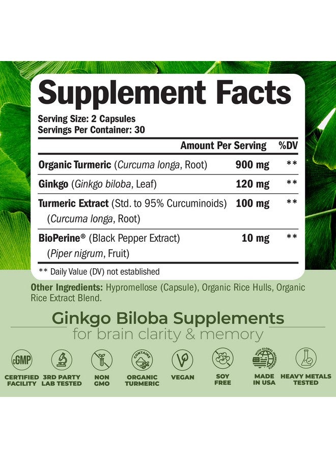 Vimerson Health Turmeric Curcumin with Black Pepper and Ginkgo Biloba supplements. Natural Turmeric Supplement with Organic Tumeric to aid Joint Health, Brain Clarity, Focus, Memory, and Concentration. Vegan. 60 Caps - Image 3