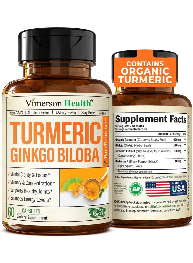 Vimerson Health Turmeric Curcumin with Black Pepper and Ginkgo Biloba supplements. Natural Turmeric Supplement with Organic Tumeric to aid Joint Health, Brain Clarity, Focus, Memory, and Concentration. Vegan. 60 Caps - Image 1