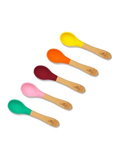 Avanchy Baby Spoons 5 Bamboo And Silicone Set Self Feeding Food Utensils 4 Months Baby Led Weaning 5 Pack W/Pink  - Image 1