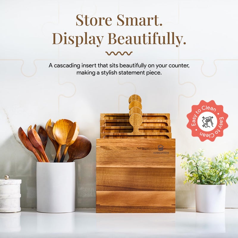 Homesphere Wooden Charcuterie Boards, Appetizer Tray for Parties & Cutting Board with Handle, Set of 4, Acacia Wood Board, Wine Gifts, Wine Accessories, Interlocking Puzzle Serving Tray w/Storage Box - Image 4