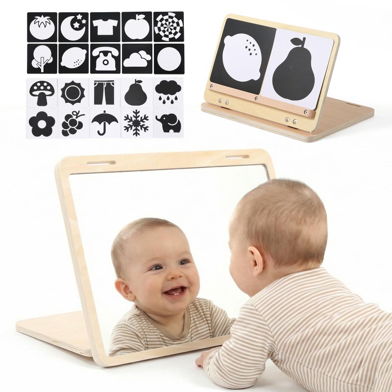 IEATFO Tummy Time Play Set Adjustable Angle, Double-Sided Design, Montessori Tummy Time Toys Large Baby Safe Mirror and Card Display Stand with Black and White High Contrast Baby Cards - Image 1