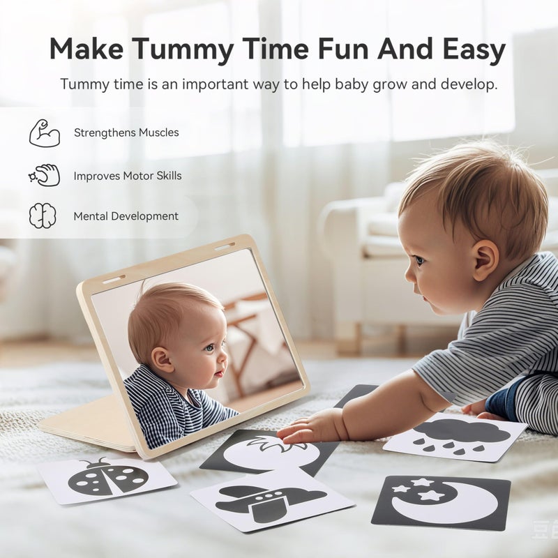 IEATFO Tummy Time Play Set Adjustable Angle, Double-Sided Design, Montessori Tummy Time Toys Large Baby Safe Mirror and Card Display Stand with Black and White High Contrast Baby Cards - Image 2