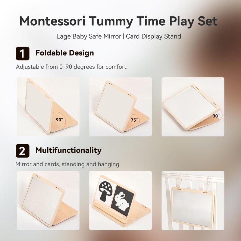 IEATFO Tummy Time Play Set Adjustable Angle, Double-Sided Design, Montessori Tummy Time Toys Large Baby Safe Mirror and Card Display Stand with Black and White High Contrast Baby Cards - Image 4