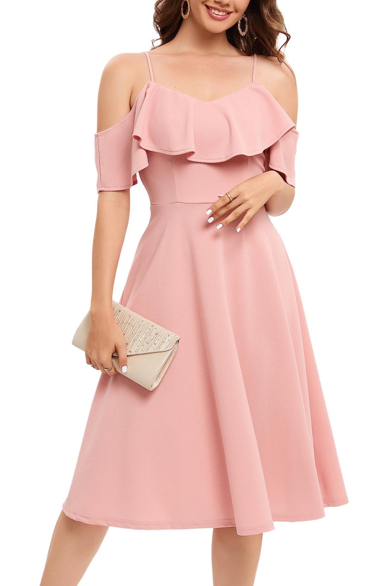 Bbonlinedress Plus Size Off Shoulder Spring Summer Wedding Guest Homecoming Prom Formal Easter Cocktail Graduation Bridesmaid Midi Dress Blush 2XL - Image 1