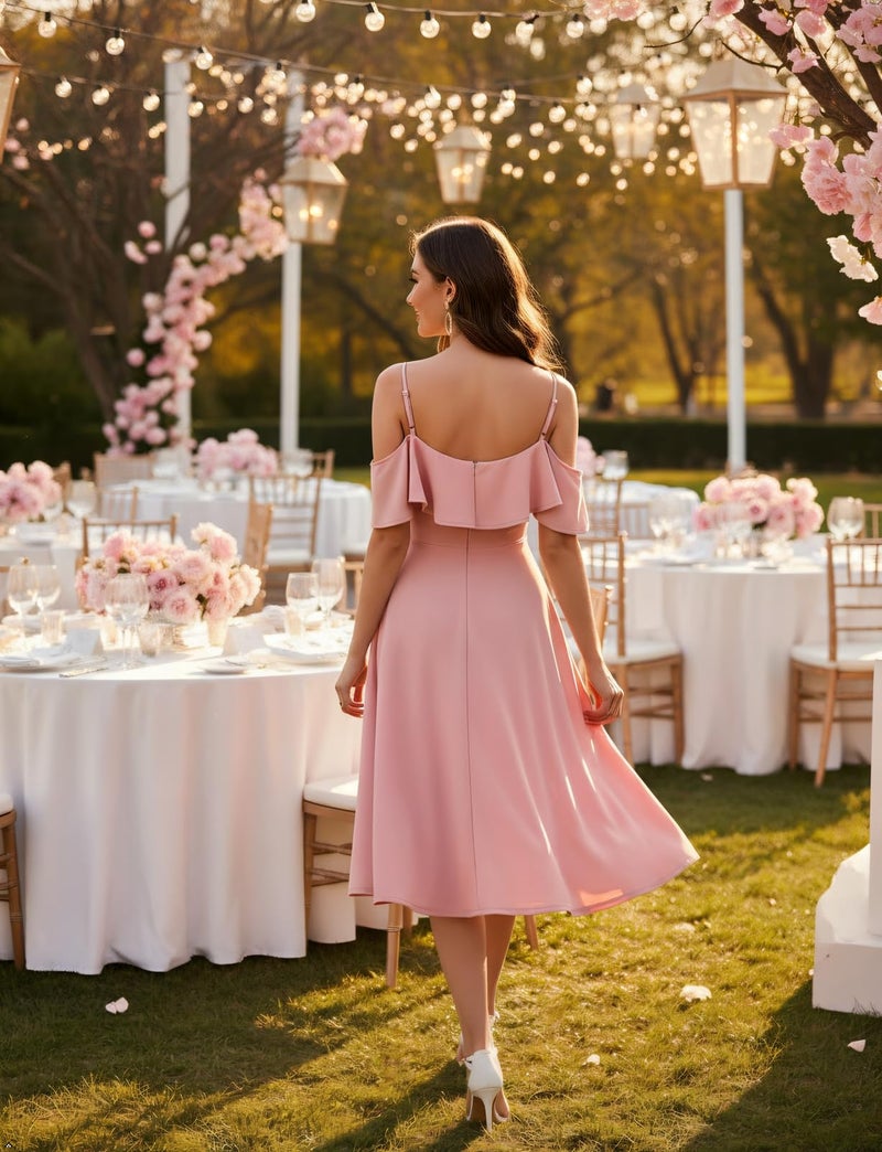Bbonlinedress Plus Size Off Shoulder Spring Summer Wedding Guest Homecoming Prom Formal Easter Cocktail Graduation Bridesmaid Midi Dress Blush 2XL - Image 3
