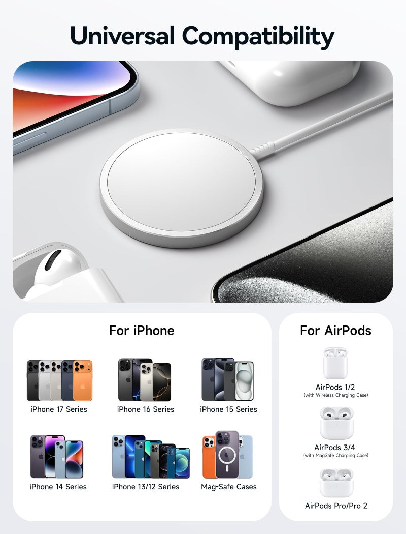 JSAUX Charger for iPhone 17 Magsafe Wireless Charging, Compatible with iPhone 17 Air Pro Max/16/15/14/13/12 Series, Magnetic Mag Safe Charging Pad, Aluminum Alloy, USB & USB C Dual Ports - Silver - Image 5