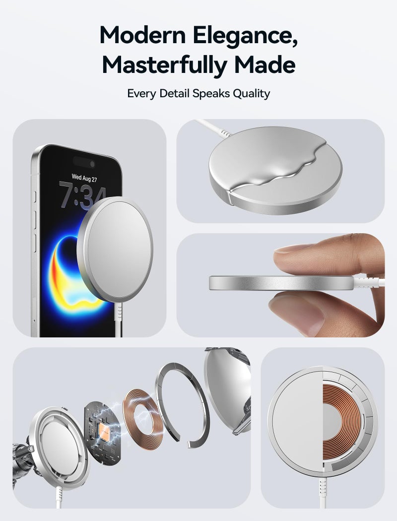 JSAUX Charger for iPhone 17 Magsafe Wireless Charging, Compatible with iPhone 17 Air Pro Max/16/15/14/13/12 Series, Magnetic Mag Safe Charging Pad, Aluminum Alloy, USB & USB C Dual Ports - Silver - Image 4