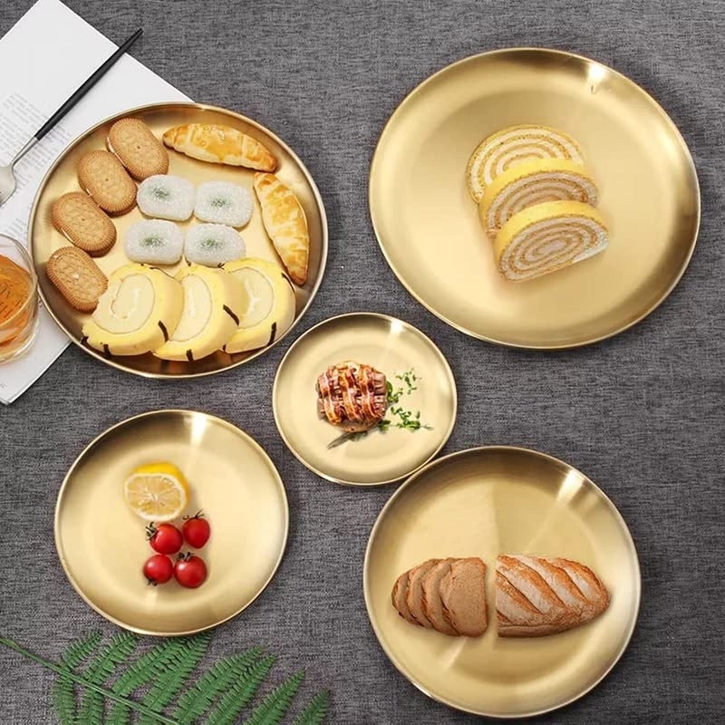 Western Round Steak Plate Eco Friendly Stainless Steel Dinner Plates Gold Tray Tableware Round (26cm)