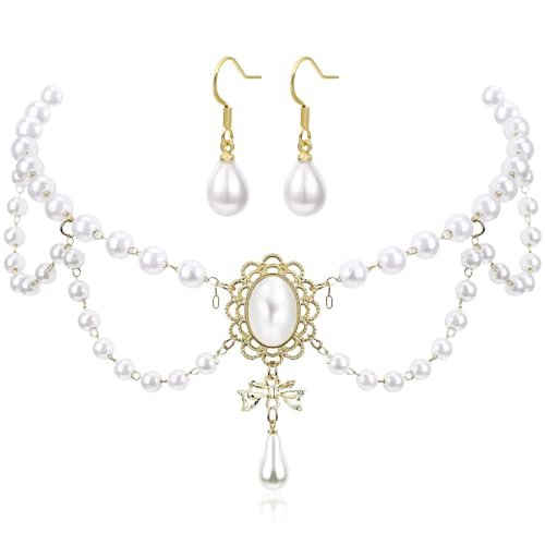 XFSAFDM 2Pcs Pearl Necklace, Elegant Gothic Pearl Choker Necklace for Women, Gold Plated Chains for Women Stylish, Long Earrings for Womens Stylish, Perfect for Beach, Office, Party and Special Occasions, White - Image 1