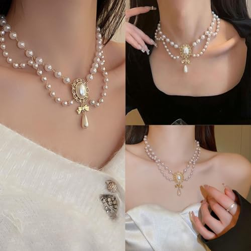 XFSAFDM 2Pcs Pearl Necklace, Elegant Gothic Pearl Choker Necklace for Women, Gold Plated Chains for Women Stylish, Long Earrings for Womens Stylish, Perfect for Beach, Office, Party and Special Occasions, White - Image 5