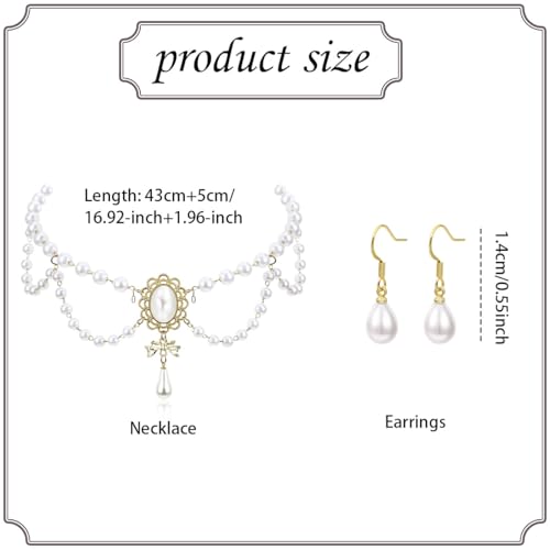 XFSAFDM 2Pcs Pearl Necklace, Elegant Gothic Pearl Choker Necklace for Women, Gold Plated Chains for Women Stylish, Long Earrings for Womens Stylish, Perfect for Beach, Office, Party and Special Occasions, White - Image 2