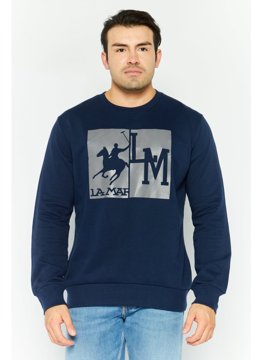 La Martina Men Crew Neck Brand Logo Long Sleeves Sweatshirt, Navy  - Image 1