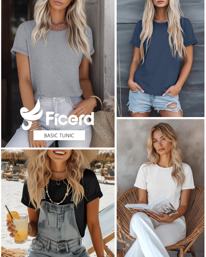 Ficerd 4 Pack Women's Cotton T Shirts Casual Short Sleeve Tunic Tops Crewneck Plain Summer Loose Fit Rolled Sleeve Basic Tee(Black, Gray, White, Haze Blue,Large) - Image 2