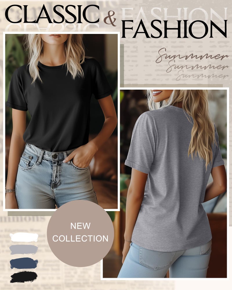 Ficerd 4 Pack Women's Cotton T Shirts Casual Short Sleeve Tunic Tops Crewneck Plain Summer Loose Fit Rolled Sleeve Basic Tee(Black, Gray, White, Haze Blue,Large) - Image 4