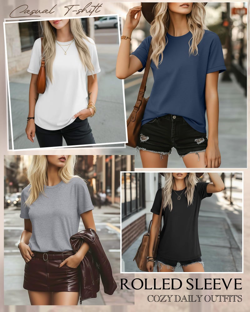 Ficerd 4 Pack Women's Cotton T Shirts Casual Short Sleeve Tunic Tops Crewneck Plain Summer Loose Fit Rolled Sleeve Basic Tee(Black, Gray, White, Haze Blue,Large) - Image 5