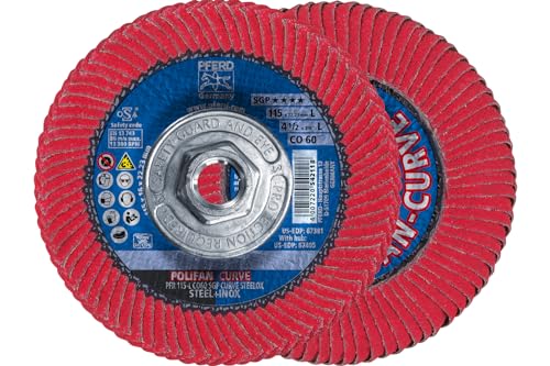 PFERD قرص فلاب نوع راديال PFERD POLIFAN®-Curve - 4-1/2" x 5/8-11" خيط، 60 حبيبة أكسيد السيراميك - لطحن الفولاذ والفولاذ المقاوم للصدأ (INOX) - عبوة من 1 - الجزء 67405 - Image 1