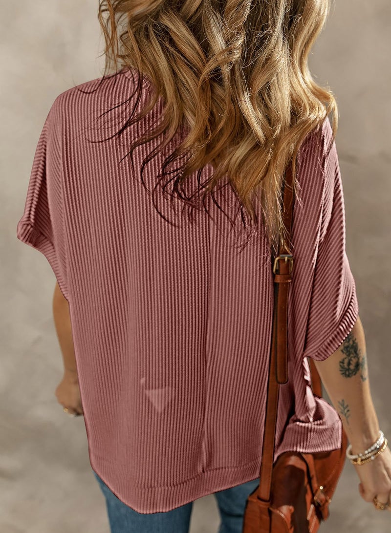 Dokotoo Womens Ladies Oversized T Shirts for Women 2026 Fahion Short Sleeve Crewneck Tunic Texture Knit Tops Casual Solid Summer Loose Fitting Trendy Slouchy Tee Shirts Mineral Red X-Large - Image 5